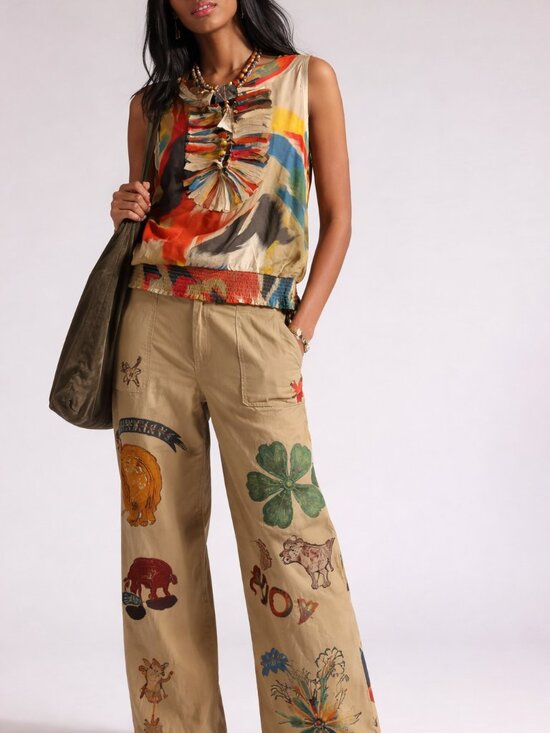 Blue velvet Tops - Silk Printed Brushstroke Blouse w/ Ruffle Neck Detail (0328)